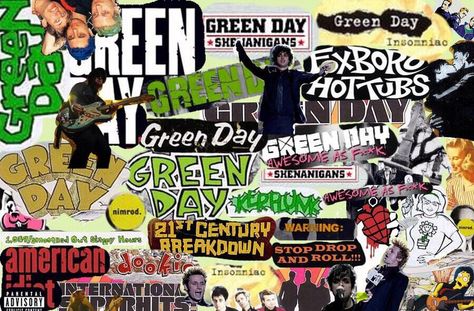 Green Day Collage Green Day Wallpaper Desktop, Eden Character, Band Drawing, Green Day Band, Laptop Wallpaper Desktop Wallpapers, Character Board, Basket Case, Joe Armstrong, High School Band