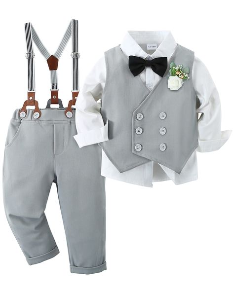 PRICES MAY VARY. Package Include: 1x Dress shirt with bow-tie + 1x Vest + 1x Boutonniere + 1x Detachable Suspender pants. Material: Baby Boys Vest Suits Set is made of high quality cotton blend, soft, comfortable and breathable, take care of baby's skin. Practical design: Toddler Boys Formal Suit is designed for the little gentleman, double-breasted vest with beautiful boutonniere can add more event atmosphere, you can match your boy with the most shining effect. Occasions: Toddler Gentleman Out Toddler Wedding Outfit Boy, Toddler Boy Dress Clothes, Baby Boy Dress Clothes, Formal Dress Shirt, Baby Boy Vest, Outfits Formal, Toddler Suits, Plain White Shirt