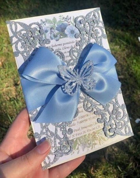 Blue Butterfly Quinceanera Theme, Nails Quinceanera, Baby Blue Quince, Butterfly Quinceanera Theme, Butterfly Sweet 16, Butterfly Quince, Quinceanera Blue, Light Blue Quince, Light Blue Wedding Invitations