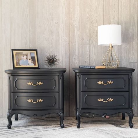 Vintage Nightstand Ideas, Moody Nightstand, French Nightstand, Victorian Nightstand, Moody French Provincial Bedroom, Moody French Provincial, French Provincial Decor Bedroom, French Provincial Nightstand Makeover, French Provincial Furniture Makeover