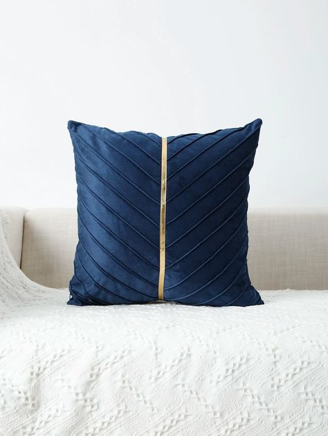 1pc Fabric Cushion Cover Without Filler, Contrast Metallic Tape Decorative Throw Pillow Case For Sofa | SHEIN USA Modern Pillow Covers, Blue Cushion Covers, Couch Pillow Covers, Navy Blue Velvet, 16x16 Pillow Cover, Modern Pillows, 20x20 Pillow Covers, Blue Cushions, Decorative Cushion Covers