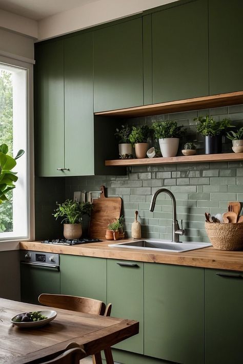 Small Earthy Kitchen, Windowless Room, Sustainable Kitchen Design, Olive Kitchen, Olive Green Kitchen, Earthy Kitchen, Elizabeth House, Model Dapur, Sage Green Kitchen