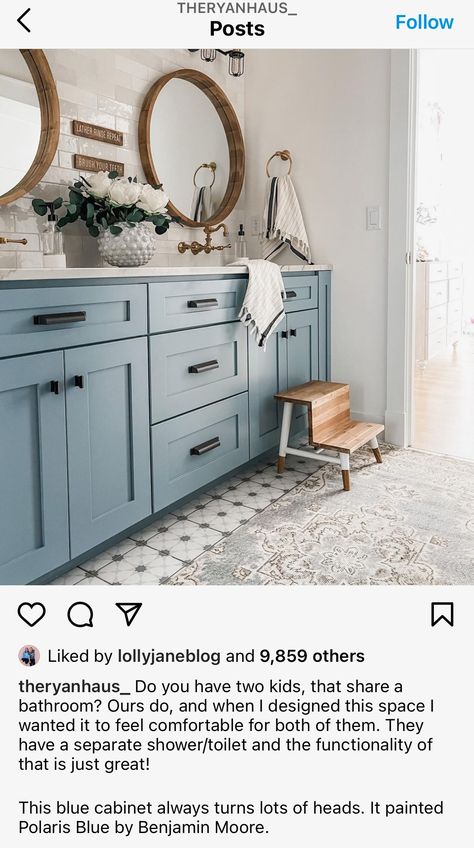 Benjamin Moore Polaris Blue, Polaris Blue, Blue Green Bathrooms, Bathroom Cabinet Colors, Light Blue Bathroom, Painted Vanity Bathroom, Blue Bathroom Vanity, Blue Vanity, Painted Vanity