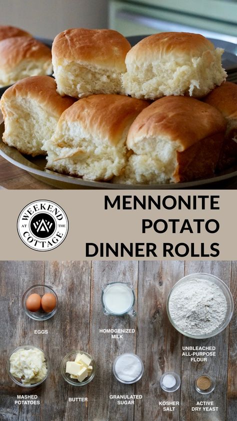 freshly baked Mennonite Potato Dinner Rolls on a plate. Ingredients on table - Mashed Potatoes, all purpose flour, eggs, milk, butter, sugar, salt, dry yeast Mashed Potato Dinner Rolls, Mashed Potato Bread Recipe, Amish Potato Rolls, Potato Rolls Recipe Mashed, Light Fluffy Rolls, Dinner Roll Sandwiches, What To Make With Mashed Potatoes, Leftover Potato Recipes, Potato Buns Recipe