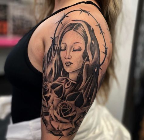 Virgencita Tattoo Women, Virgen Mary Tattoo For Women, Virgin Mary Tattoo For Women, Hispanic Tattoos For Women, Virgen De Guadalupe Tattoo Ideas, Playboy Tattoo, Mama Tattoos, Swag Tattoo, Halo Tattoo