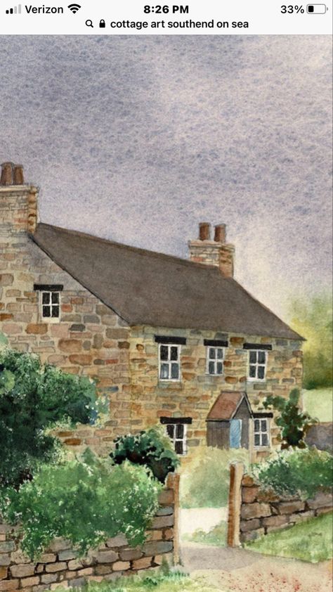 Watercolor Stone House, English Countryside Watercolor, Watercolor Cottages, Scottish Landmarks, Cottage Drawing, Watercolor Houses, Rustic Houses, Watercolor House Painting, Countryside Cottage