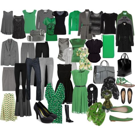 "Green-Gray-Black Mix n Match Wardrobe" by arbwaggoner on Polyvore Black Capsule Wardrobe, Capsule Wardrobe Work, Fashion Capsule Wardrobe, Quoi Porter, Christmas Green, Clothes And Shoes, Capsule Outfits, Fashion Capsule, Green Outfit