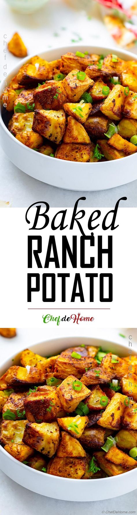 Crispy Baked Ranch Potato Recipe | ChefDeHome.com Ranch Roasted Potatoes, Roasted Ranch Potatoes, Ranch Potato Recipes, Baked Red Potatoes, Baking With Olive Oil, Spicy Ranch, Ranch Sauce, Ranch Potatoes, Low Fat Snacks