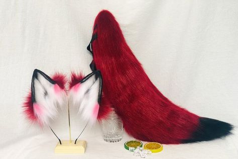 The ears and tail are made of high-quality artificial fur, soft and fluffy. Ears And Tail Set, Fox Tail And Ears, White Wolf Ears And Tail, Black And Red Wolf Ears And Tail, Cat Ears Tail And Paws Set, Wolf Tail, Fox Costume, Wolf Ears, Black Wolf