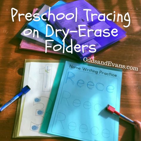 Clear plastic folders make for perfect preschool tracing fun using dry-erase markers! Easily wipeable, spill-proof, and can store handwriting printables. Dry Erase Activities For Preschool, Handwriting Printables, Writing Practice Preschool, Name Writing Practice, Preschool Tracing, Plastic Folders, Learning Worksheets, Name Writing, Preschool Ideas