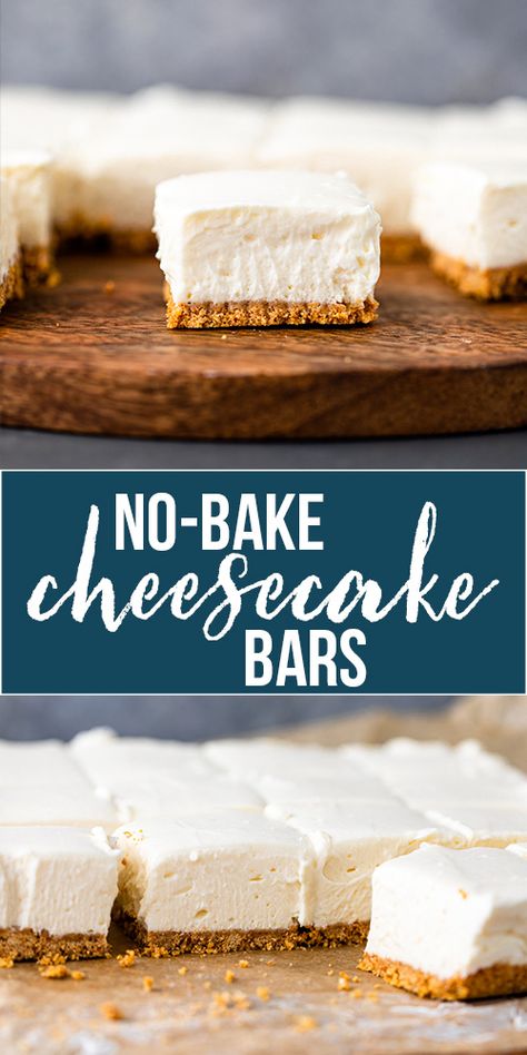 No-Bake Cheesecake Bars | Gimme Delicious No Bake Cheesecake Bars, Celebrating Sweets, Cheesecake Bars Easy, Cheesecake Easy, Chicken Minis, Easy No Bake Cheesecake, Cheesecake Bar Recipes, Bake Cakes, Baked Cheesecake Recipe