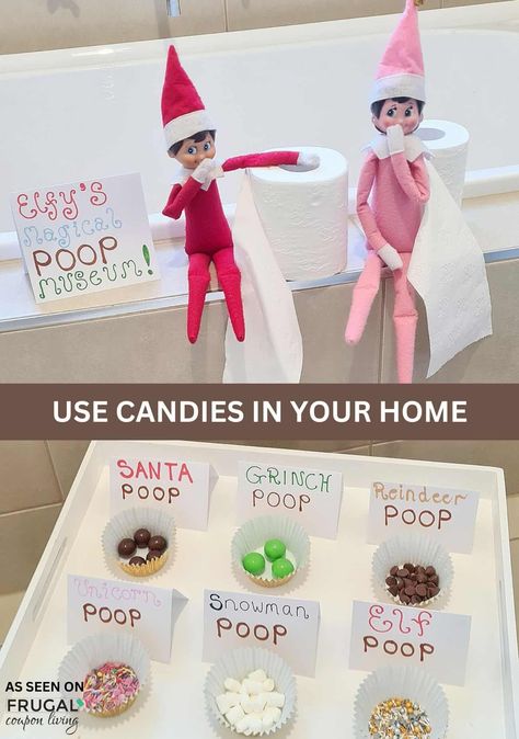 Create laughs with this silly elf idea featuring an elf's magical poop museum! Candy "poops" like Santa, Grinch, and reindeer are displayed in a fun, festive setup! New ideas daily. New Ideas for The Elf on the Shelf and free Christmas printbles. Elf On The Shelf Reindeer Pudding Cups, Elf On The Shelf And Cotton Balls, Funny Elf On The Shelf Ideas Fridge, What To Do With The Elf On The Shelf, Elf On The Shelf Ideas Come Back, Froot Loops Elf On The Shelf, Guess Who’s Back Elf On The Shelf, Back Elf On The Shelf Ideas, Elf On The Shelf Dont Feed The Dinosaur Ideas