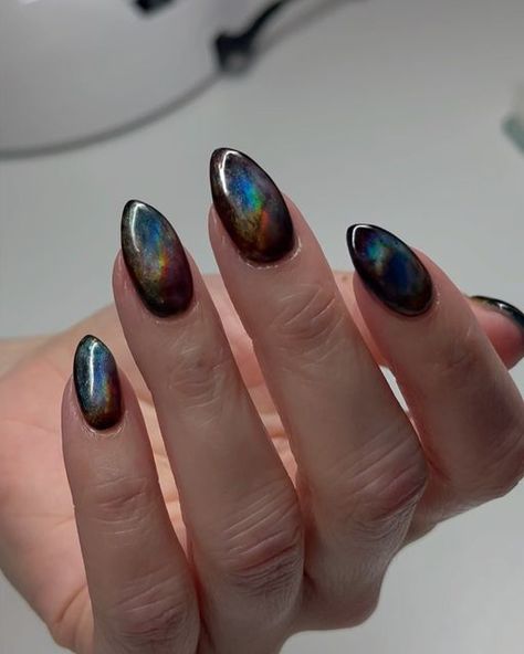 Diana | Gel Nails |📍Wadsworth, IL on Instagram: "Smokey labradorite 🖤🌈 loved every second of doing these I’m obsessed #labradorite #labradoritenails #nails #nailart #gelnails #geloverlay #russianmanicure #structuredmanicure #blacknails #longnails #almondnails #naturalnails #chicagonailtech #kenoshanailtech #milwaukeenailtech #chicago #gurnee #waukegan #gurnee" Labradorite Nails, Labradorite Nail Art, Luxury Labradorite Engagement Jewelry, Gothic Cat Eye Nails, Vintage Labradorite Ring, Unique Silver Labradorite Ring, Nail Coat, Makeup Nails Art, Sassy Nails