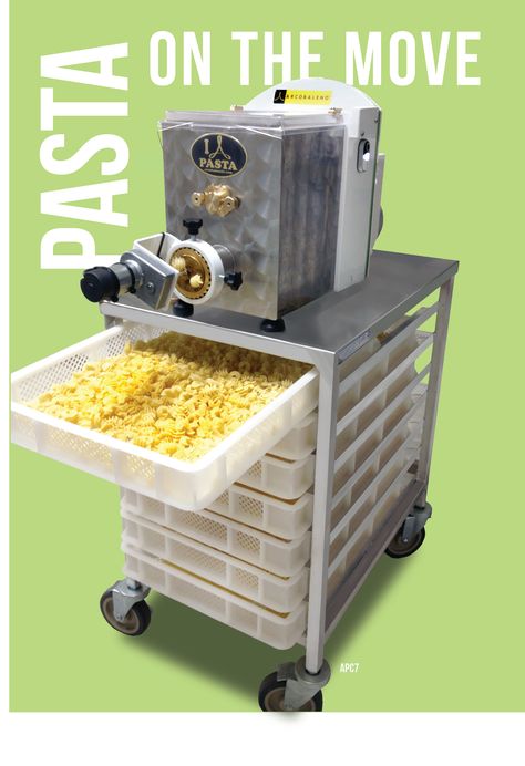 Pasta Cart | Perfect for table top extruders |  Stainless steel top with removable, perforated trays. Pasta Making Station, Pasta Station, Homemade Pasta Machine, Homemade Pasta With Machine, Restaurant Kit, Pasta Extruder, Pasta Making Machine, Nomad Restaurant, Pasta Maker Machine