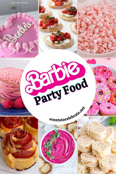 Barbie Themed Party Snacks, Food For A Barbie Party, Barbie Themed Sleepover Party, Food Ideas For Barbie Party, Barbie Dinner Party Food, Snacks For Barbie Party, Barbie Party Food Savoury, Barbie Party Finger Foods, Barbie Pool Party Food Ideas