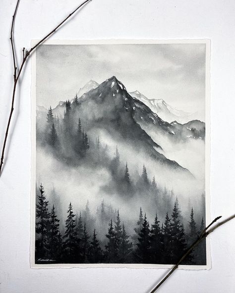 Sable (@artbysablerae) • Instagram photos and videos Rainy Day Nature, Black And White Watercolor Painting, Watercolor Painting Landscape, Black And White Watercolor, Cozy Rainy Day, Painting Reference, Misty Mountain, Circle Drawing, White Watercolor