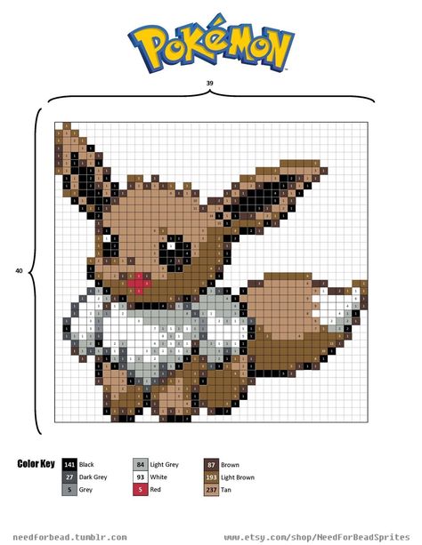 Eevee Beads Pattern, Eevee Pixel Art Grid, Eevee Cross Stitch Pattern, Pokemon Cross Stitch Patterns Free, Pokemon Embroidery Pattern, Eevee Perler Bead Patterns, Eevee Cross Stitch, Eevee Pixel Art, C2c Pokemon