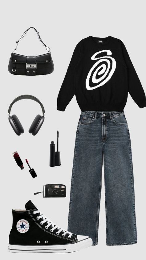 Outfit inspo #outfitinspo #vintage #beauty #vibes #inspo #outfit #black #converse Converse Aesthetic Outfit, Black Converse Outfit, Converse Aesthetic, Converse Outfit, Beauty Vibes, Chill Fits, Black Converse, Outfits With Converse, Inspo Outfit