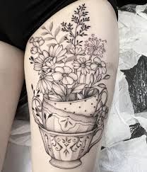 Charlotte Tattoo - The teacup handles where my fave part but I'm dumb and didn't photograph them 💔 Created this teacup floral for @rhiannonhere # tattoo #thightattoo #teacup #tea #teacuptattoo #dotwork #blackwork #dotworktattoo # Teacup Stack Tattoo, Stacked Teacup Tattoo, Teacup With Flowers Tattoo, Tea Pot And Cup Tattoo, Teapot Tattoo Vintage, Teacup Tattoo Vintage, Tea Pot Tattoo, Tea Cup Tattoo, Charlotte Tattoo