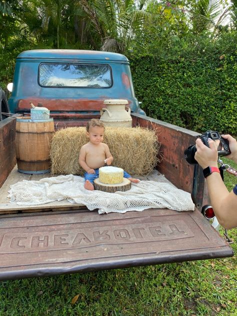 Cowboy First Birthday, Cowboy Themed Birthday Party, First Birthday Photoshoot, First Birthday Photography, Truck Photo, Western Birthday Party, Baby Milestones Pictures, Farm Theme Birthday, 1st Birthday Pictures