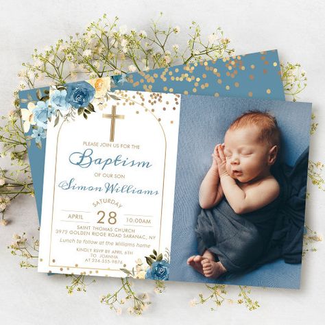 Baptism Ideas Boys, Boy Baptism Invitations, Baptismal Invitation, Arch Invitation, Baby Boy Invitations, Baptism Photos, Baby Boy Baptism, Girl Baptism, Dusky Blue