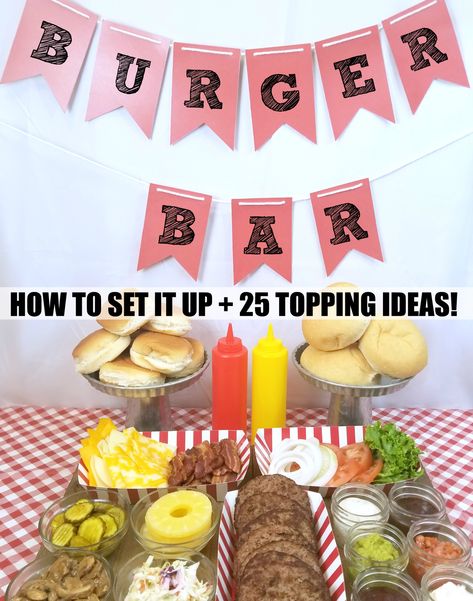 Hamburger Bar, Burger Bar Party, Hamburger Party, Hamburger Toppings, Foodtrucks Ideas, Party Food Bars, Creative Burger, Bbq Party Food, Toppings Bar