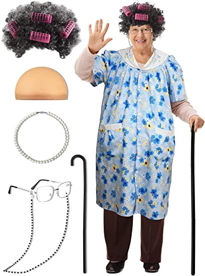 Old Lady Costume For Kids, Old Lady Halloween Costume, Grandma Wig, Granny Wig, Granny Glasses, Granny Dress, Old Lady Costume, Party Dress Inspiration, Kids Robes