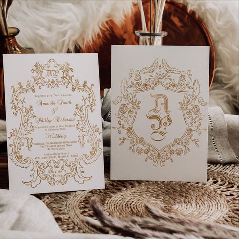 Baroque Wedding Invitation Set, Classic, Traditional, Elegant, Floral Crest, Botanical Crest Baroque Wedding Invitations, Royal Wedding Themes, Crest Invitation, Parisian Design, Royal Wedding Invitation, Baroque Wedding, Invitations Ideas, Us Holidays, Photo Printer