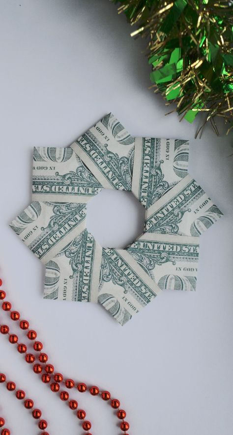 Money Christmas Wreath, Money Wreath How To Make A, Origami Money Christmas Tree, Money Folding Ideas Christmas, Money Star Origami, Christmas Money Origami Easy, Folding Money For Christmas, Folded Money Gifts, Money Wreath Gift Dollar Bills