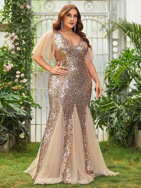 Plus Mesh Panel Sequin Mermaid Hem Formal Dress | SHEIN USA Blue Plus Size Dresses, Cocktail Dress Maternity, Plus Size Lace Dress, Plus Size Sequin Dresses, Maternity Evening Dress, Maternity Bridesmaid Dresses, Wedding Dresses For Kids, Wedding Dress Sequin, Tulle Bridesmaid Dress