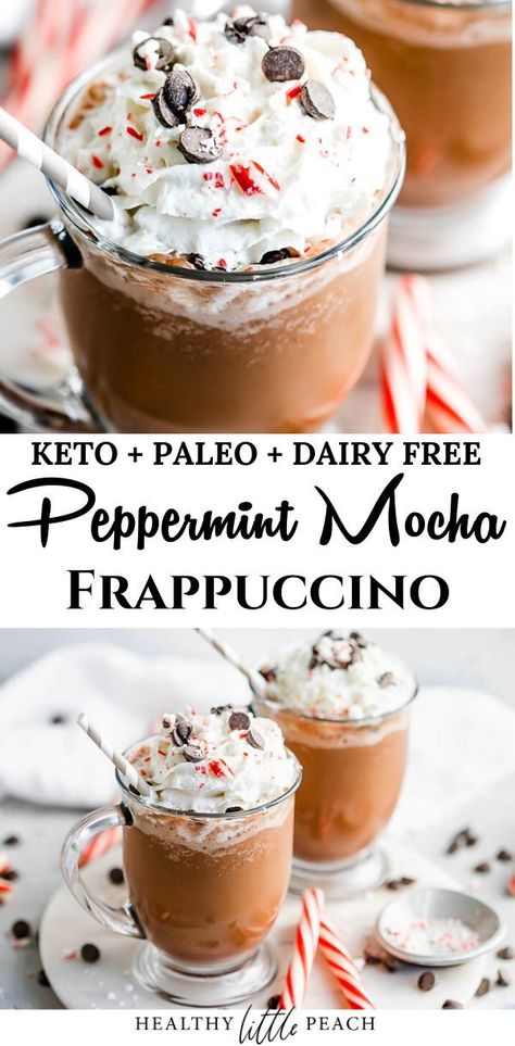 A creamy and satisfying Peppermint Mocha Frappuccino that has a coffee shop feel that can be made in the comfort of you home. It's Keto, Paleo and Dairy Free. #frappuccino #peppermintmochafrappuccino #peppermintmocha #ketocoffee #ketorecipes #paleocoffee #paleorecipes #dairyfree Keto Peppermint Mocha, Peppermint Mocha Frappuccino, Paleo Coffee, Keto Friendly Ice Cream, Mocha Frappuccino, Peach Recipes, Keto Friendly Desserts, Keto Drink, Low Carb Breakfast Recipes