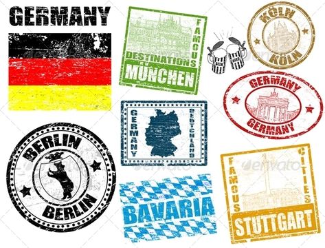 Stamps with Germany - Travel Conceptual German Flag, Retro Background, Tropical Art, Travel Tattoo, Bavaria, Graphic Design Art, High Quality Art Prints, Culture Art, Find Art