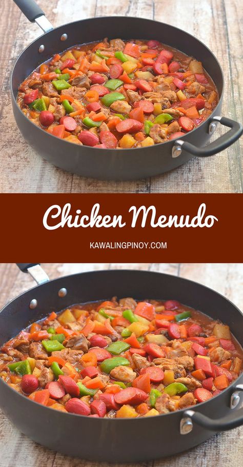 Chicken Menudo is a hearty stew made of chicken, hot dogs, potatoes, carrots, bell peppers in a thick tomato sauce. Chicken Menudo Recipe Filipino, Chicken Menudo Recipe, Menudo Recipe Filipino, Chicken Menudo, Menudo Recipe Authentic, Philapino Recipes, Filipino Ulam, Pilipino Recipe, Chicken Hot Dogs