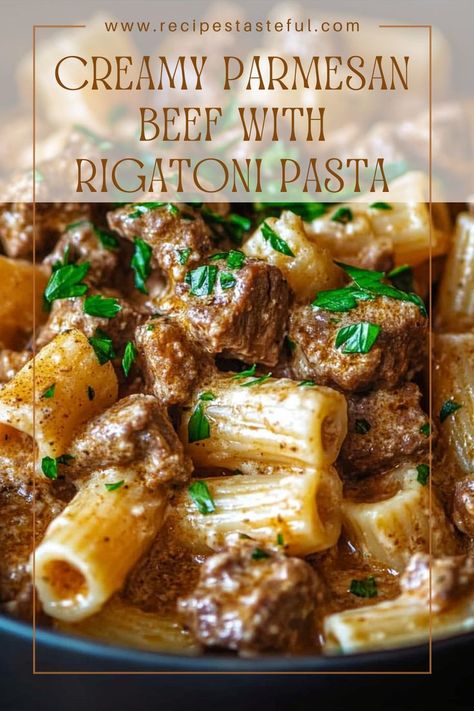 This Creamy Parmesan Beef Rigatoni is packed with savory flavors, tender beef, and a rich, creamy sauce that clings to every bite of pasta. Perfect for a cozy and satisfying dinner! Beef Rigatoni, Top Sirloin Steak Recipe, Rigatoni Recipes, Noodle Dinner, Beef Pasta Recipes, Top Sirloin Steak, Rigatoni Pasta, Parmesan Recipes, Beef Pasta