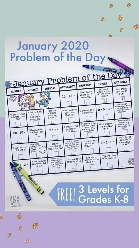 These are so popular among teachers and homeschoolers can be used for grades K-8! Get your FREE January 2020 math problem of the day calendar today! #mathlesson #mathproblemoftheday #homeschoolmath #elementarymath Math Month Ideas, January Math Activities, Math Problem Of The Day, Math Calendar, Math Activities For Preschool, January Math, Calendar Math, Multiplication Games, Math Geek