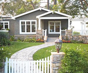 Single story bungalow Ranch Remodel, Gray House, Exterior House Color, White Picket Fence, Exterior Color Schemes, Exterior Paint Colors For House, White Windows, Exterior Remodel, Ranch Style Homes