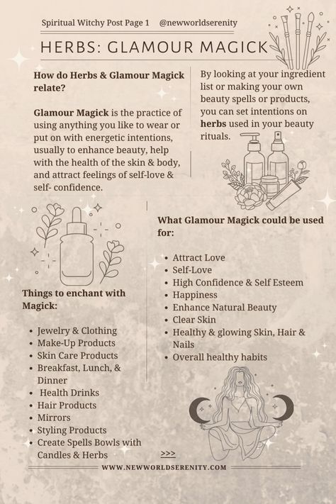 Herbs & Glamour Magick | Witchcraft | Spiritual Rune For Beauty, Glamour Magick Herbs, Beauty Rituals Witchcraft, Glamour Magick Spells, Magical Properties Of Herbs, Glamour Witchcraft, Glamor Magic, Astrology Knowledge, Herb Meanings