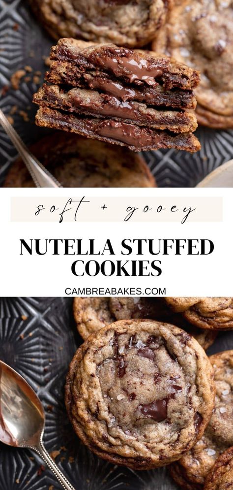 These chocolate filled cookies are perfectly soft and chewy and stuffed with nutella! They use simple ingredients and no mixer for a fun twist on a classic chocolate chip cookie recipe. Oat Cookies Healthy, Chocolate Filled Cookies, Air Fryer Banana, Stuffed Chocolate Chip Cookies, Banana Oat Cookies, Gooey Chocolate Chip Cookies, Stuffed Cookies, Filled Cookies, Gourmet Cookies