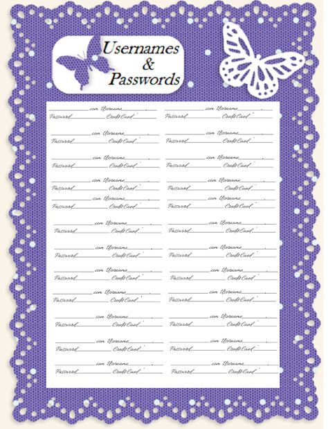 Username Password Journal, Recipe Cards Printable Free, Printable Recipe Cards, A Safe Place, Journal Book, Print Portrait, Small Notebook, A Notebook, Purple Lace