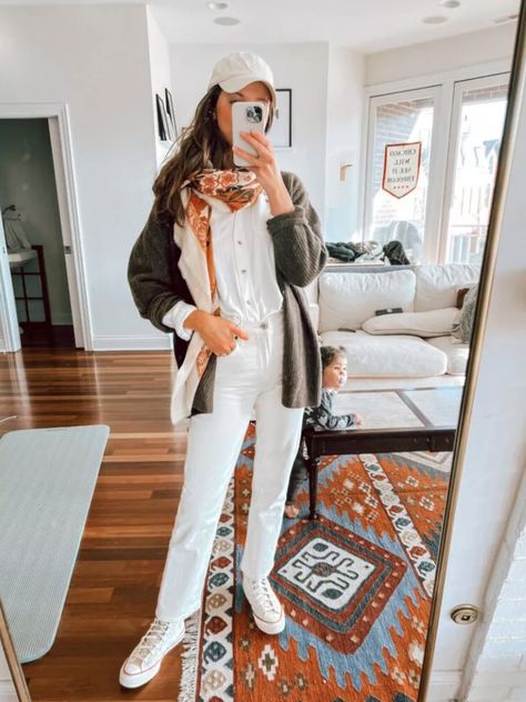 What I’m wearing lately 🤍 White denim, brown cardigan, Amazon hat Denim White Outfit, Summer Outfit Mom, Fall Fashion Chic, White Outfit Summer, 60 Degree Weather Outfit, Degree Outfit, White Denim Outfit, Mom Style Fall, Off White Converse