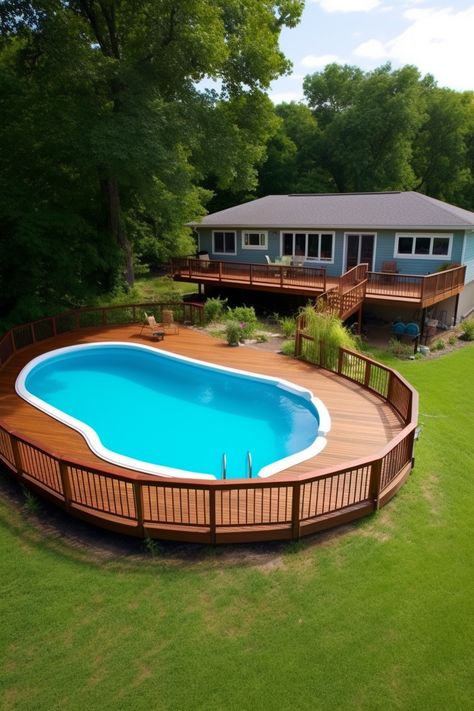 Farmhouse Pool, Pool Stairs, Above Ground Pool Deck Ideas, Decks Around Pools, Above Ground Pool Deck, Pool Deck Ideas, Best Above Ground Pool, Swimming Pool Decks, Fiberglass Pool