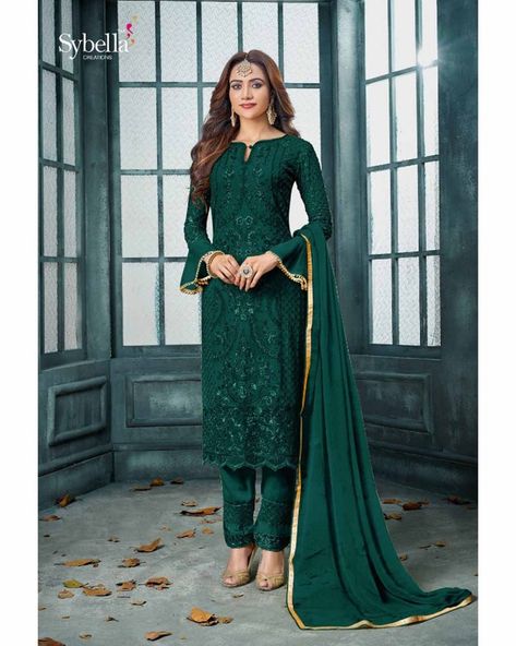 Georgette Palazzo, Wedding Salwar Suits, Dark Green Pants, Celana Fashion, Eid Dress, Palazzo Suit, Kurta Design, Pakistani Salwar Kameez, Womens Dress Suits