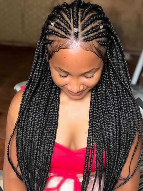 Fulani Braids Large, Large Fulani Braids, Big Fulani Braids, Braids 2024, Crown Styles, Half Cornrows, Hair Braid Designs, Puffy Hair, Fancy Braids