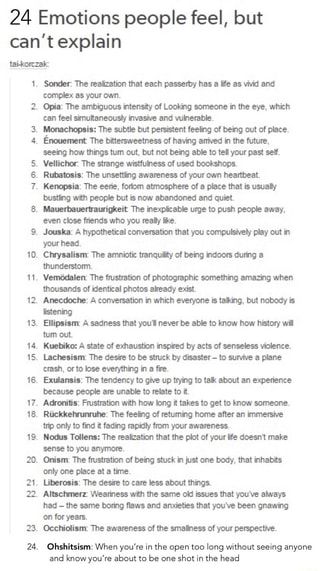 24 Emotions people feel, but can't explain taikorczak: 1. Sonder: The realization that each passerby has a life as vivid and complex as your own. 2. Opia: The ambiguous intensity of Looking someone in the eye, which can feel simultaneously invasive and vulnerable. 3. Monachopsis: The subtle but persistent feeling of being out of place. 4. Enouement The bittersweetness of having arrived in the future, seeing how things tum out, but not being able to tell your past self. 5. Vellichor: The strange Writing Tips Describing Places, Lose Everything, Dialogue Prompts, Getting To Know Someone, Memes Video, Writing Dialogue, Out Of Place, Writing Words, Story Writing