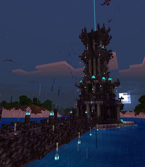 Blackstone (The Dark Tower) Tower 2.0 Minecraft Houses Blackstone, Nether Castle Ideas, Blackstone Wall Minecraft, Minecraft Deep Slate Tower, Blackstone Tower Minecraft, Black And Purple Minecraft Builds, Blackstone Build Minecraft, Dark Tower Minecraft, Minecraft Evil Tower