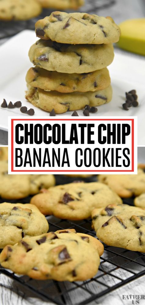 These easy banana chocolate chip cookies are super soft and chewy.  They are also healthier because I replaced half of the butter that I use for 2 yummy bananas!  Eat up! #banana #bananachocolatechipcookies #chocolatechipcookies #dessertrecipes Chocolate Chip Banana Cookies, Banana Oatmeal Chocolate Chip Cookies, Choc Chip Cookie Recipe, Cookies Banane, Banana Cookie Recipe, Banana Chocolate Chip Cookies, Banana Bread Cookies, Healthy Chocolate Chip Cookies, Healthy Chocolate Chip