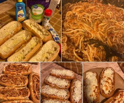 The Official Big back community | Spaghetti Stuffed Garlic Bread Subs | Facebook Spaghetti Stuffed Garlic Bread, Stuffed Garlic Bread, Cheesy Spaghetti, Dump Meals, Garlic Seasoning, Spaghetti Noodles, Bun Recipe, Sauteed Vegetables, Meat Sauce