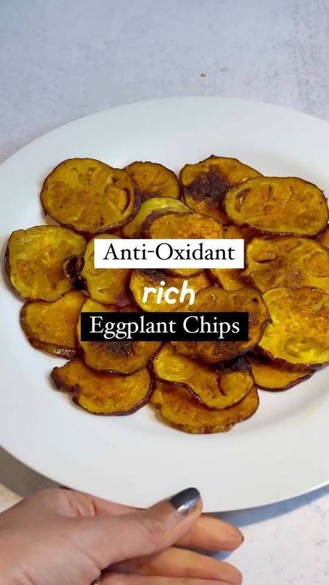 buzzfeedtasty on Instagram: This crispy, crunchy eggplant chips will make you dance! Follow @chiefspicemama for the full recipe. Eggplant Chips Crispy, Dehydrated Eggplant Chips, Crumbed Eggplant Recipes, Vegan Fried Eggplant, Panko Crusted Eggplant, Eggplant Chips, Eggplant Salad, Snack Chips, Eggplant Recipes