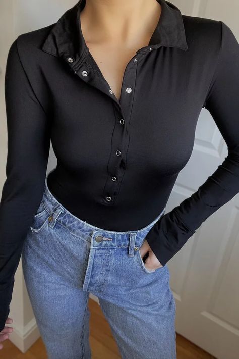 Amazon Collared Bodysuit Review Collared Bodysuit, Bodysuit Outfit, Collar Bodysuit, Bodycon Bodysuit, Body Suit Outfits, Popsugar Fashion, Popsugar, Button Down Collar, Women Long Sleeve