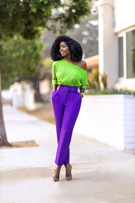 Style Pantry | Off Shoulder Knit Top + Belted Ankle Length Pants Ropa Color Neon, Off Shoulder Knit Top, Colour Combinations Fashion, Color Combos Outfit, Color Blocking Outfits, Color Combinations For Clothes, Purple Pants, Purple Outfits, فستان سهرة